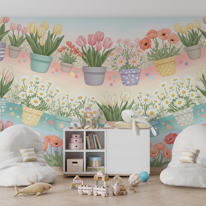 Babykamerbehang | Bloeiende tuinen met kleurrijke potten en levendige bloemen