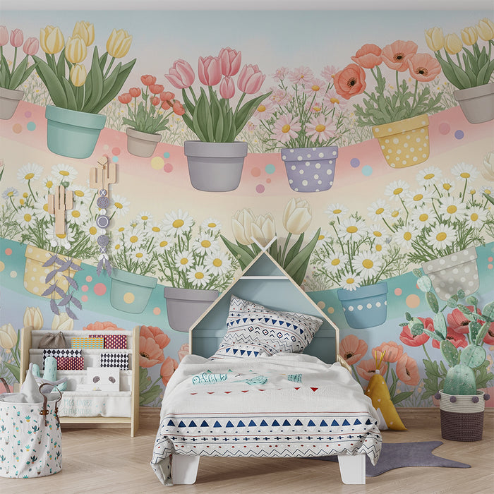 Babykamerbehang | Bloeiende tuinen met kleurrijke potten en levendige bloemen