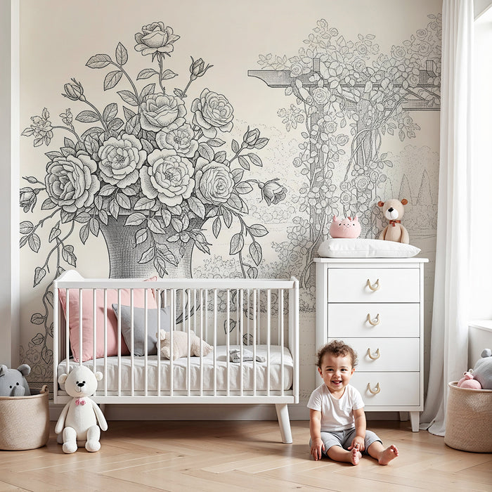 Papel de parede para quarto de bebé | Jardins floridos com rosas e treliça delicada
