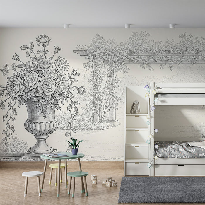 Papel de parede para quarto de bebé | Jardins floridos com rosas e treliça delicada