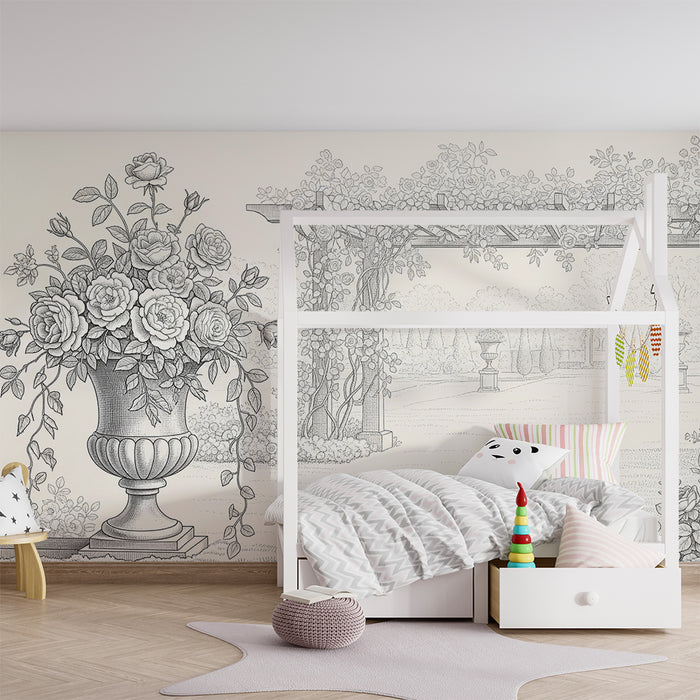 Papel de parede para quarto de bebé | Jardins floridos com rosas e treliça delicada