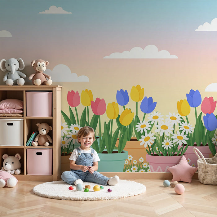 Børnetapet | Blomsterfyldte haver med farverige tulipaner og margueritter