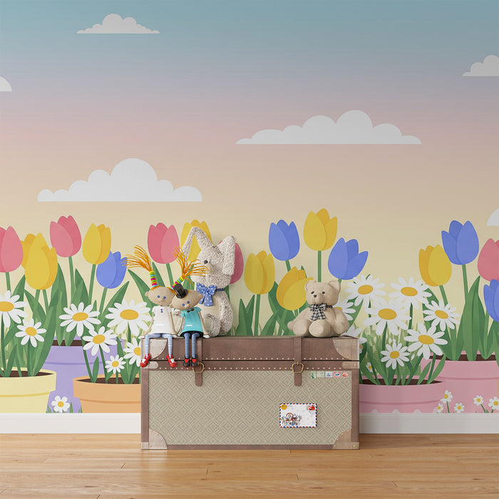 Børnetapet | Blomsterfyldte haver med farverige tulipaner og margueritter
