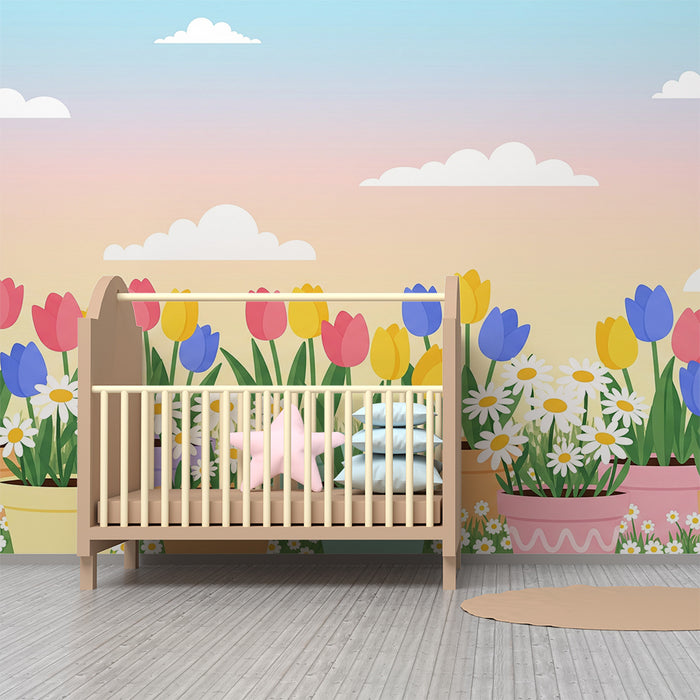 Børnetapet | Blomsterfyldte haver med farverige tulipaner og margueritter