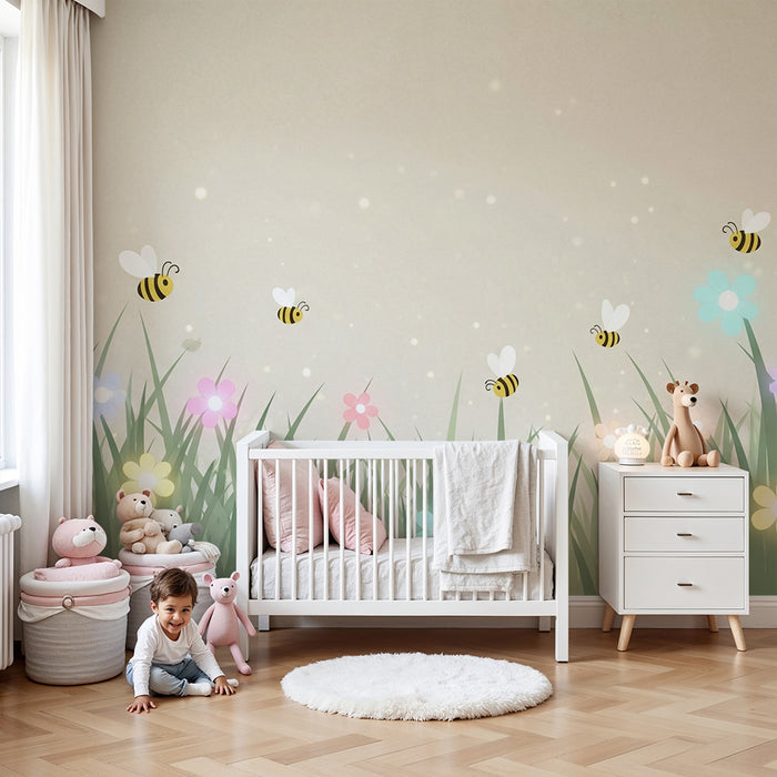 Nursery room wallpaper | Flowery gardens and happy bees