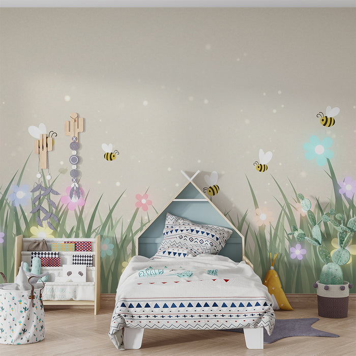 Nursery room wallpaper | Flowery gardens and happy bees