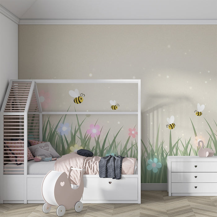 Nursery room wallpaper | Flowery gardens and happy bees