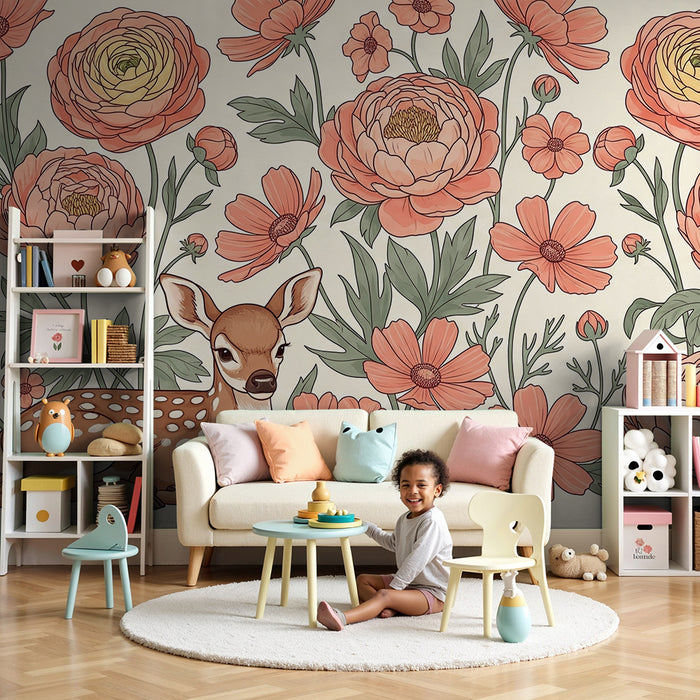 Lastenhuoneen tapetti | Söpö kauris ja herkät kukat