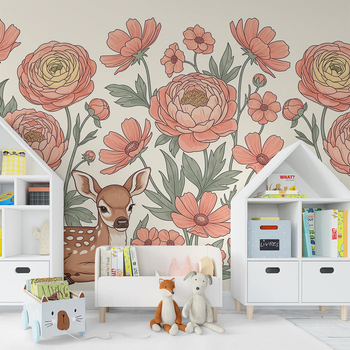 Lastenhuoneen tapetti | Söpö kauris ja herkät kukat