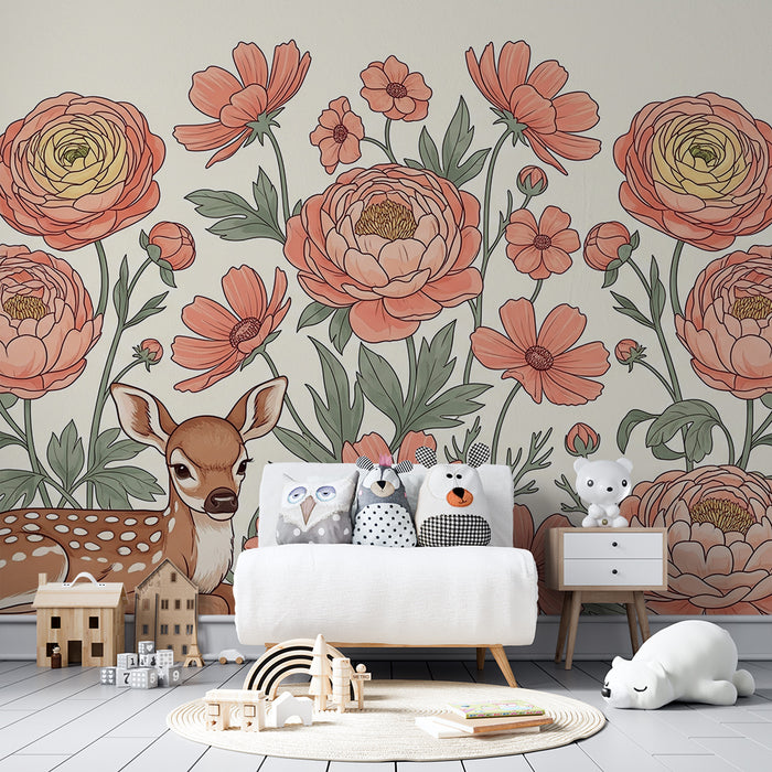 Lastenhuoneen tapetti | Söpö kauris ja herkät kukat