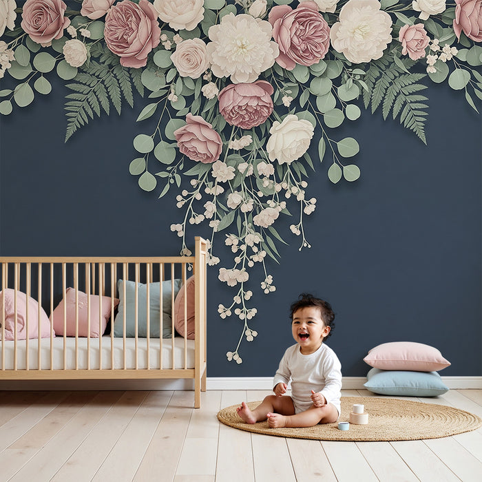 Nursery room wallpaper | Lovely foliage falling on a midnight blue background
