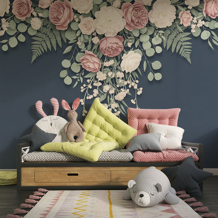 Nursery room wallpaper | Lovely foliage falling on a midnight blue background