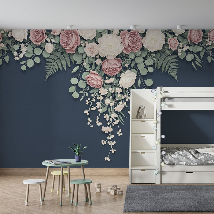 Nursery room wallpaper | Lovely foliage falling on a midnight blue background