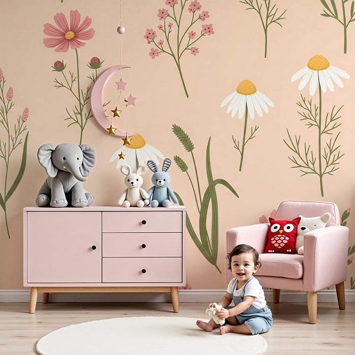 Papel pintado para habitación infantil | Flores bonitas sobre fondo rosa pastel
