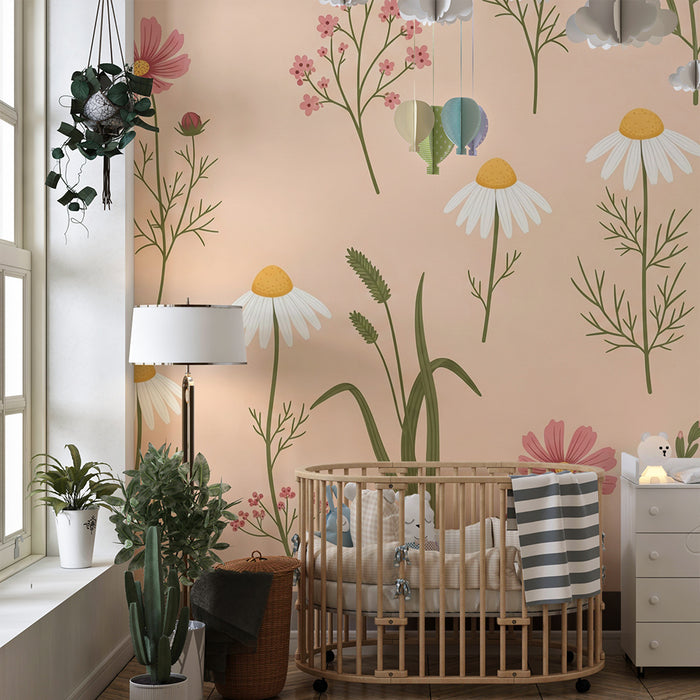 Papel pintado para habitación infantil | Flores bonitas sobre fondo rosa pastel