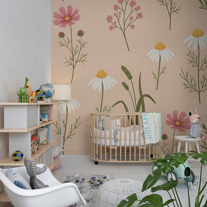 Papel pintado para habitación infantil | Flores bonitas sobre fondo rosa pastel