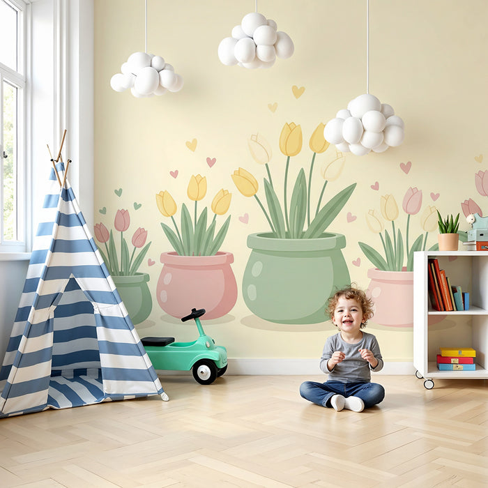 Babykamerbehang | Vrolijke tulpen in kleurrijke potten met hartjes