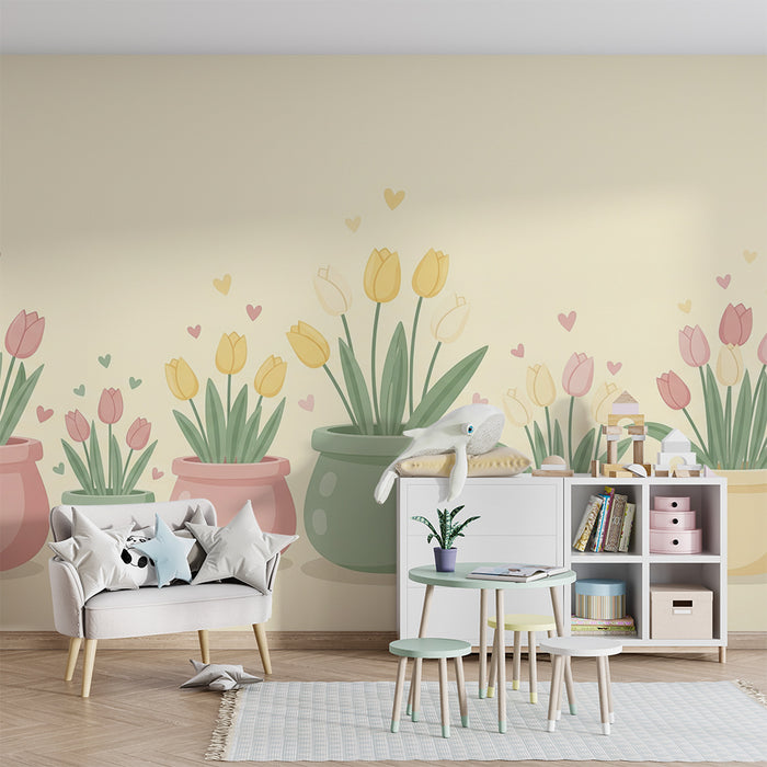 Babykamerbehang | Vrolijke tulpen in kleurrijke potten met hartjes