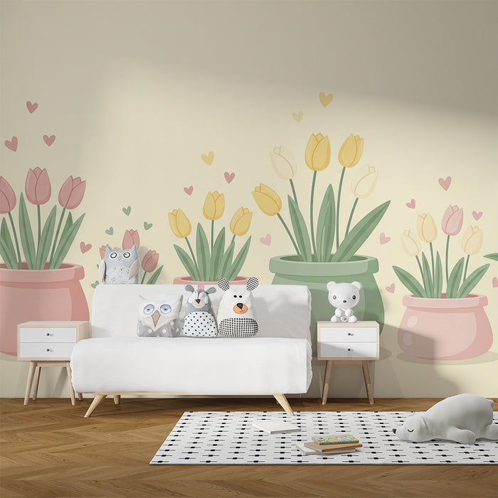 Babykamerbehang | Vrolijke tulpen in kleurrijke potten met hartjes