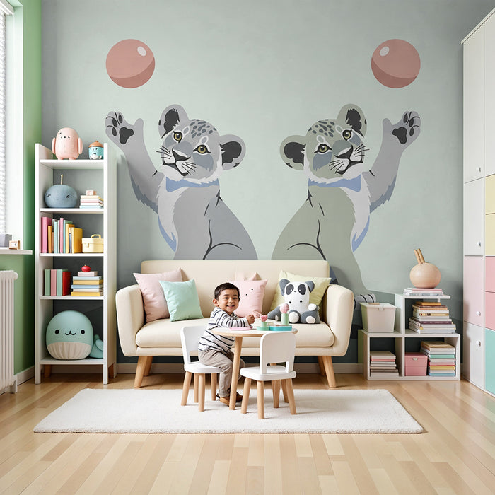 Carta da parati bambini | Belli cuccioli di leone giocano con palloncini rosa