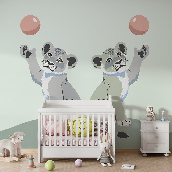 Carta da parati bambini | Belli cuccioli di leone giocano con palloncini rosa