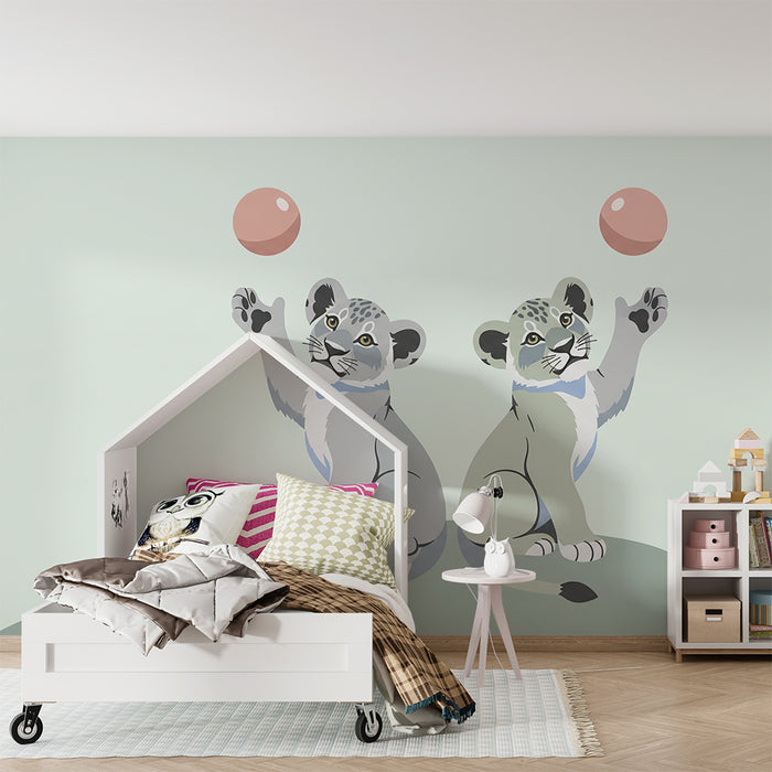 Carta da parati bambini | Belli cuccioli di leone giocano con palloncini rosa