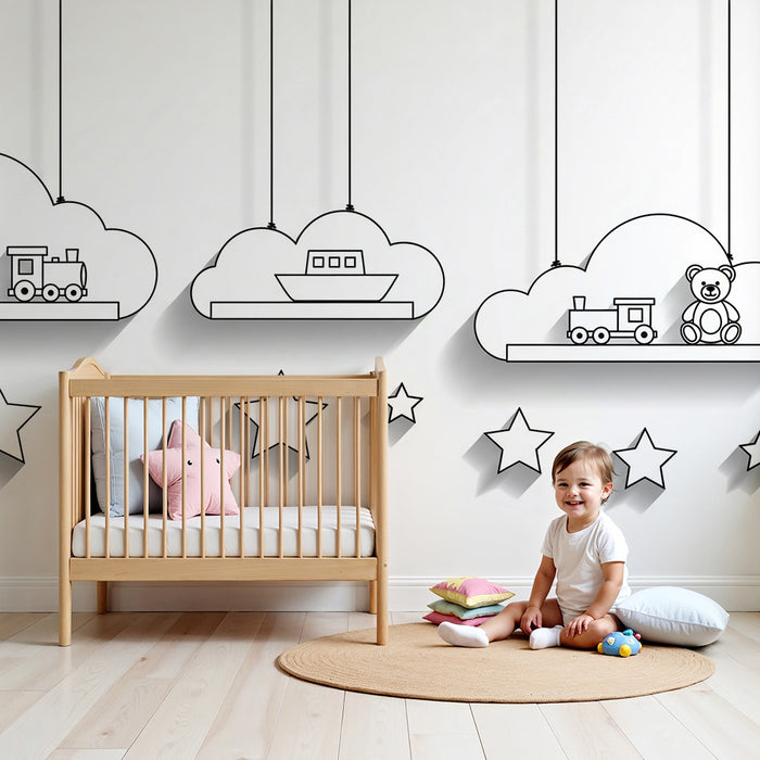 Barntapet | Hängande leksaker i moln med stjärnor