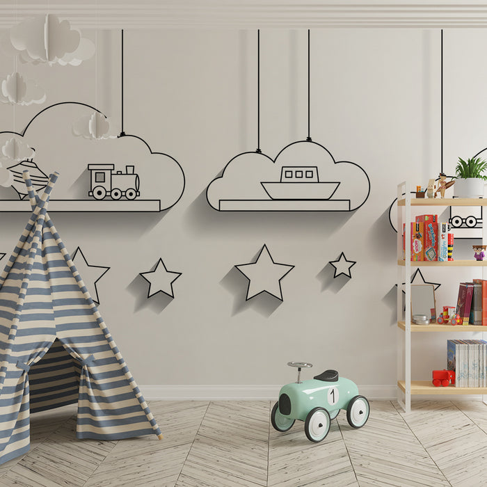 Barntapet | Hängande leksaker i moln med stjärnor