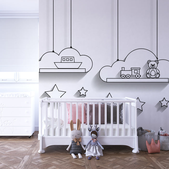 Barntapet | Hängande leksaker i moln med stjärnor