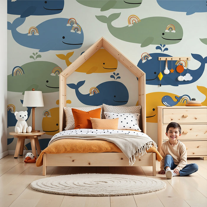 Nursery room wallpaper | Happy whales and rainbows