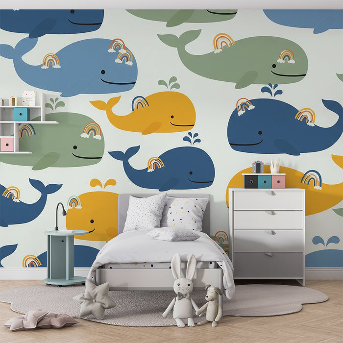 Nursery room wallpaper | Happy whales and rainbows