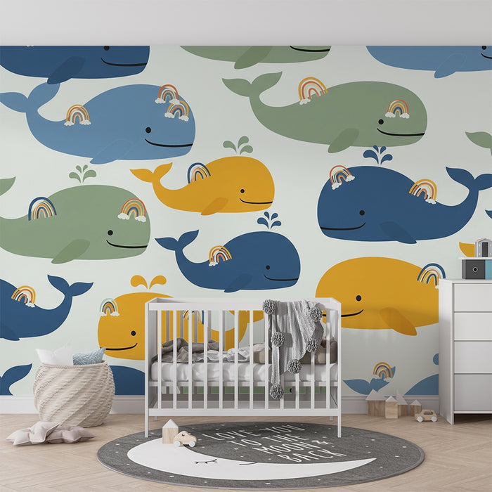 Nursery room wallpaper | Happy whales and rainbows