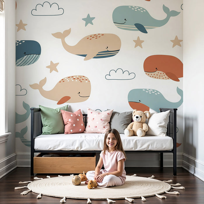 Nursery room wallpaper | Happy whales and clouds