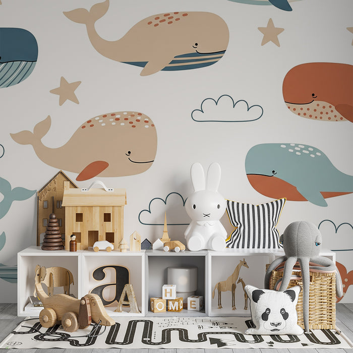 Nursery room wallpaper | Happy whales and clouds