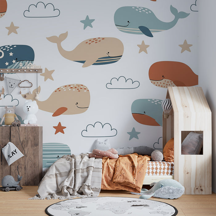 Nursery room wallpaper | Happy whales and clouds