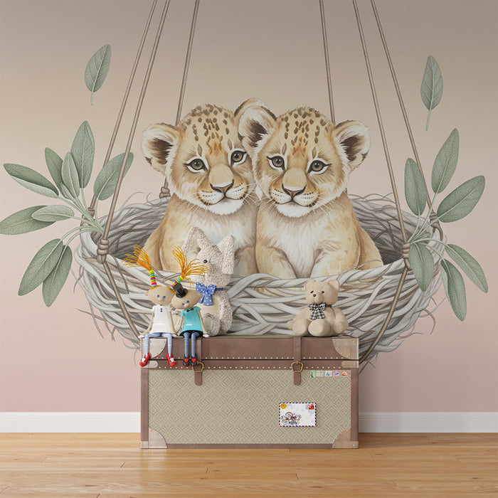 Nursery room wallpaper | Twin lion cubs in a nest