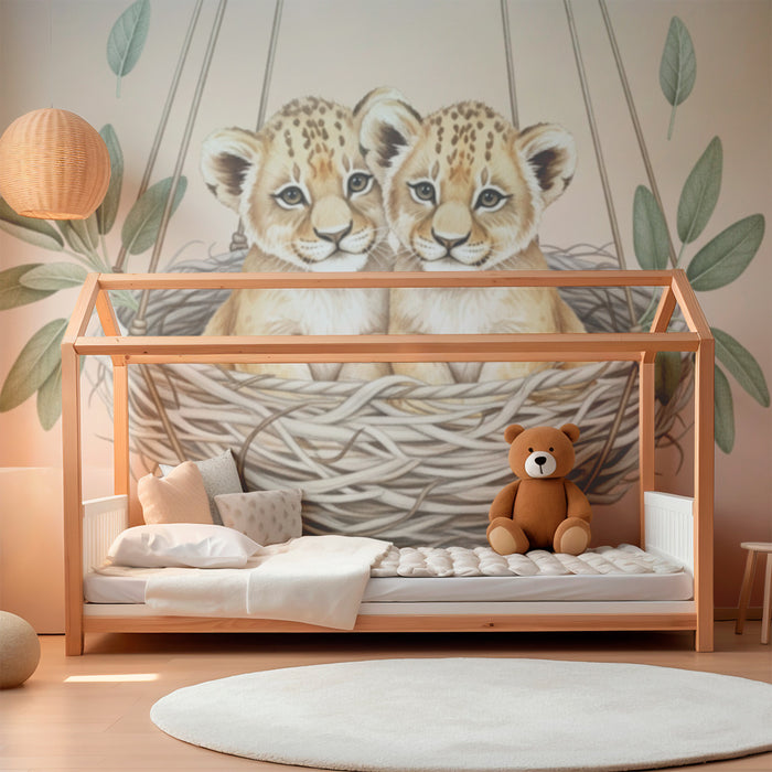 Nursery room wallpaper | Twin lion cubs in a nest