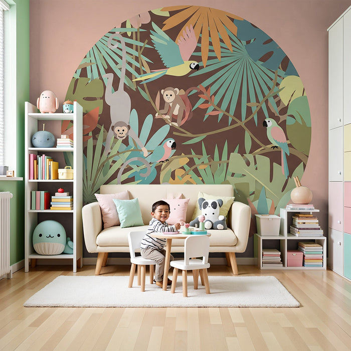 Tapet barnerom | Fargerik jungel med aper og papegøyer