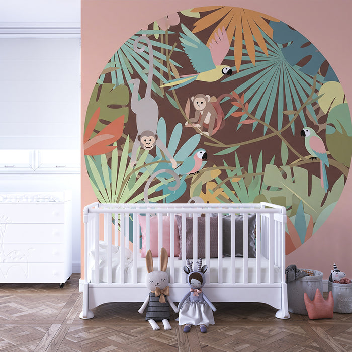 Tapet barnerom | Fargerik jungel med aper og papegøyer