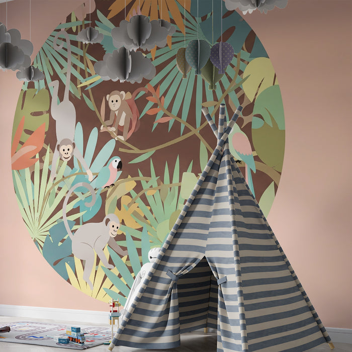 Tapet barnerom | Fargerik jungel med aper og papegøyer