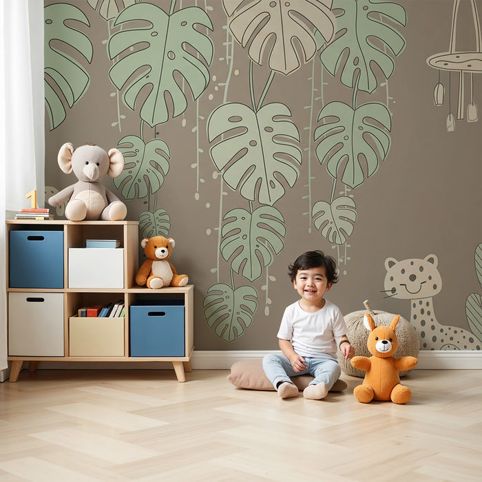 Nursery room wallpaper | Soft jungle with animals and foliage