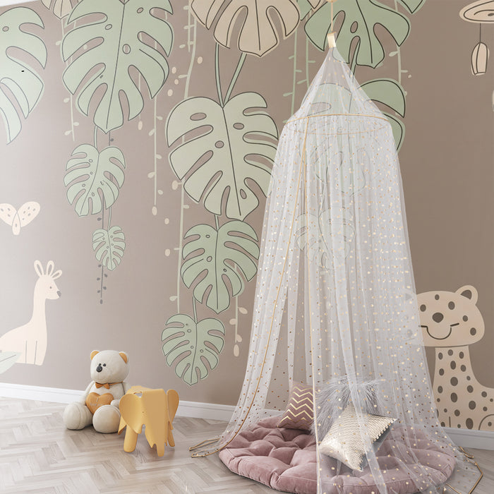 Nursery room wallpaper | Soft jungle with animals and foliage