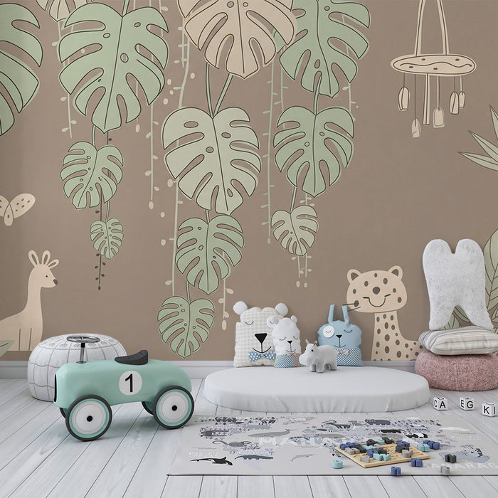Nursery room wallpaper | Soft jungle with animals and foliage