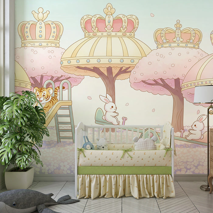 Papier peint chambre bébé | Jungle enchantée avec tigre et lapins dans un décor féerique