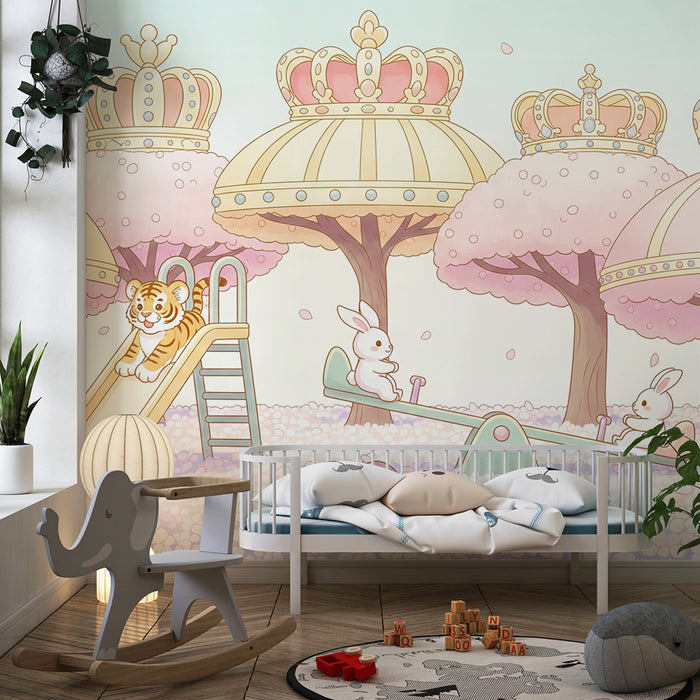 Papier peint chambre bébé | Jungle enchantée avec tigre et lapins dans un décor féerique