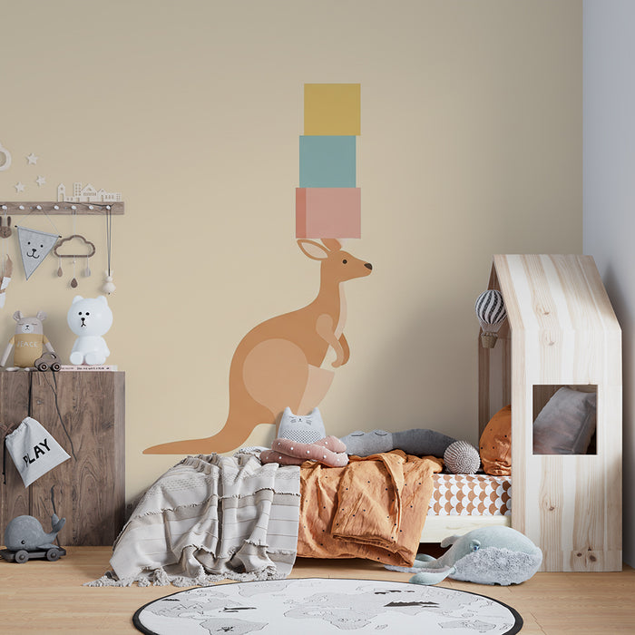 Babykamer behang | Grappige kangoeroe met kleurrijke blokken