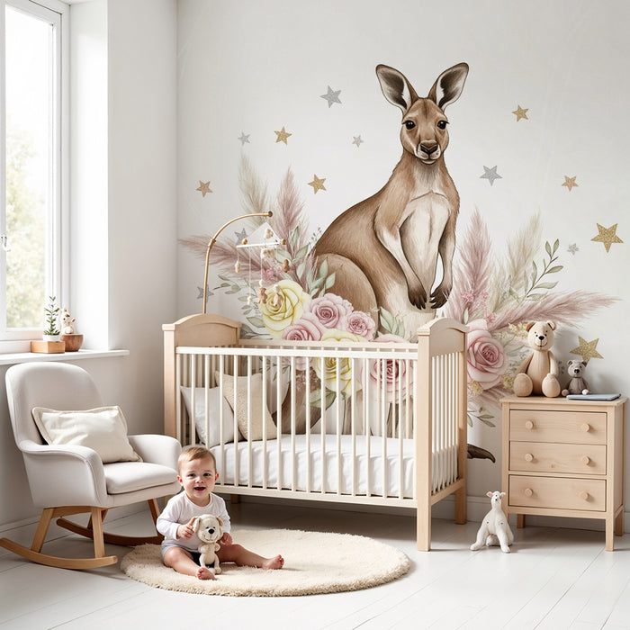 Papier peint chambre bébé | Kangourou élégant entouré de fleurs pastel et d'étoiles scintillantes