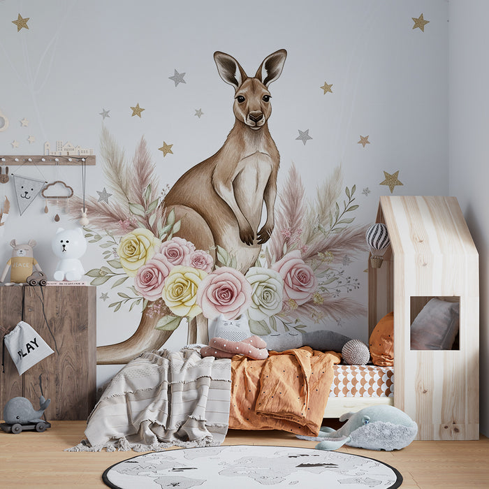 Papier peint chambre bébé | Kangourou élégant entouré de fleurs pastel et d'étoiles scintillantes
