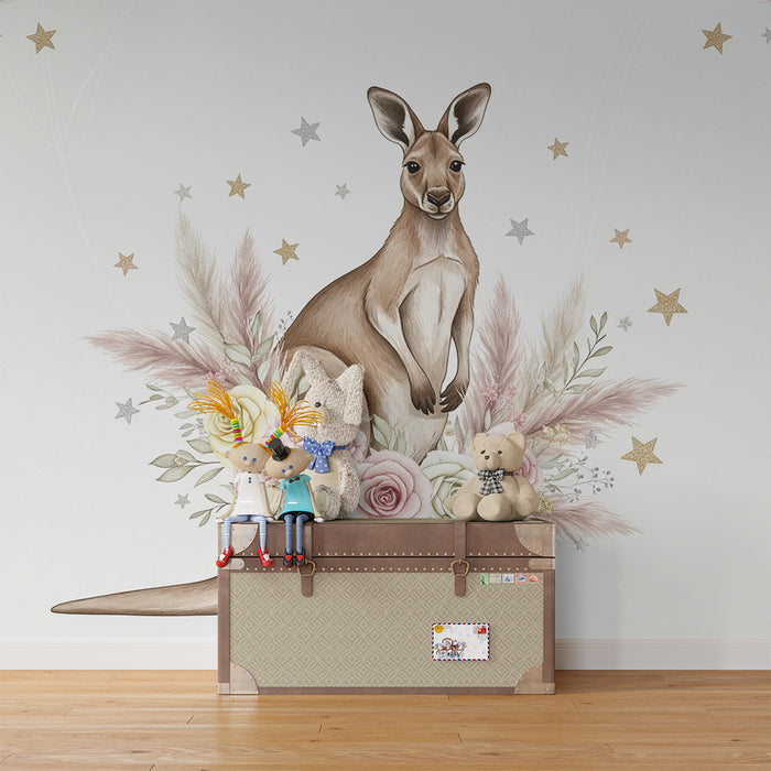 Papier peint chambre bébé | Kangourou élégant entouré de fleurs pastel et d'étoiles scintillantes