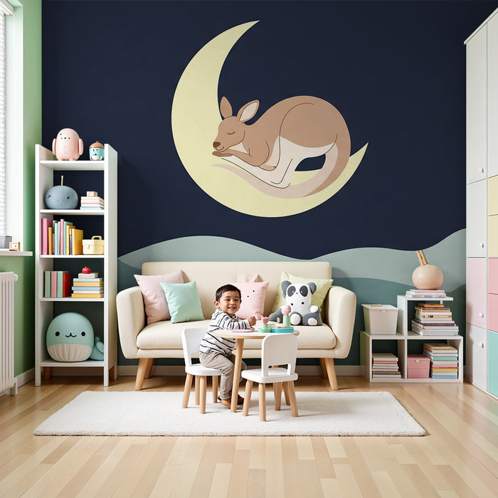 Papier peint chambre bébé | Kangourou endormi sur la lune dans un paysage nocturne apaisant